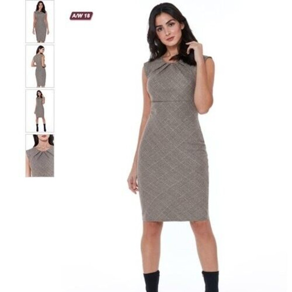 Classic Pencil Dress Sz 12 Gray Plaid Pleated Transitional Business Casual Work - Picture 3 of 12